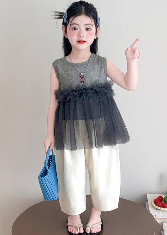 Chic Grey Tulle Patchwork Kids Top And Wide Leg Pants Two Pieces Set Sleeveless