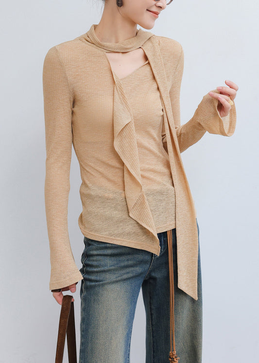 Chic Khaki Asymmetrical Cotton Blouse Top Spring