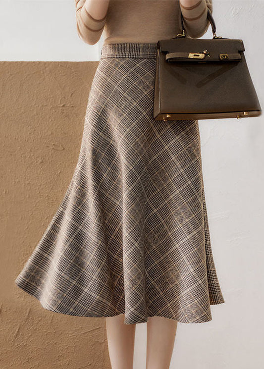 Schicker Khaki High Waist Plaid Romantischer Herbst Wollrock