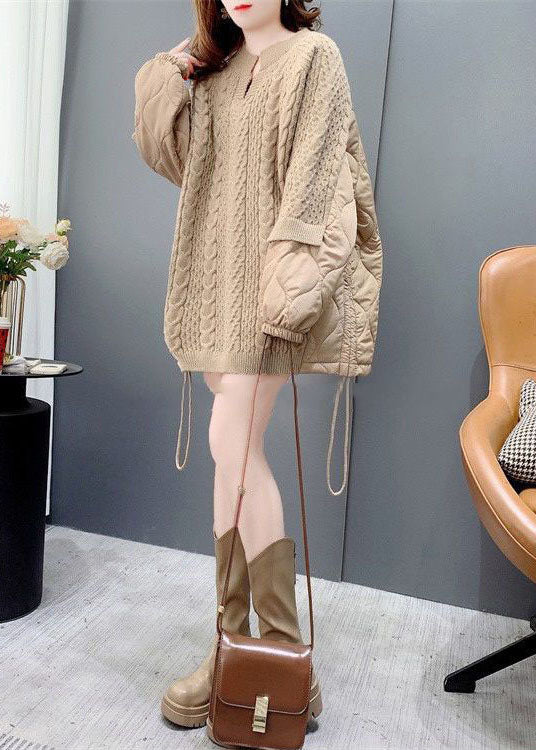 Chic Khaki O-Ausschnitt Übergroße Baumwolle gefüllt Patchwork Kordelzug Langer Pullover Winter
