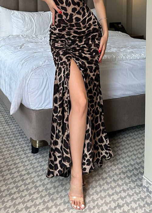 Chic Leopard Drawstring Side Open Cotton Spaghetti Strap Dress Sleeveless