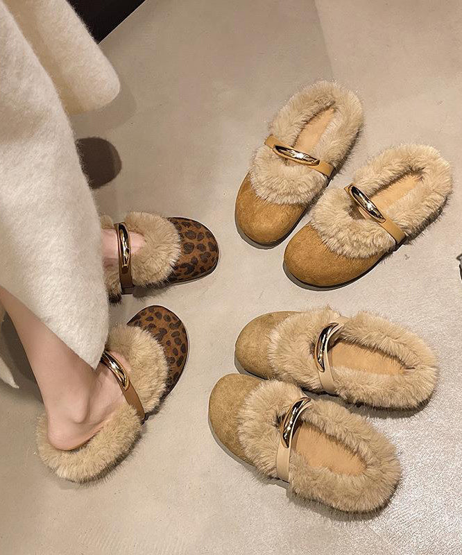 Chic Leopard Slippers Shoes Splicing Fuzzy Wool Lined