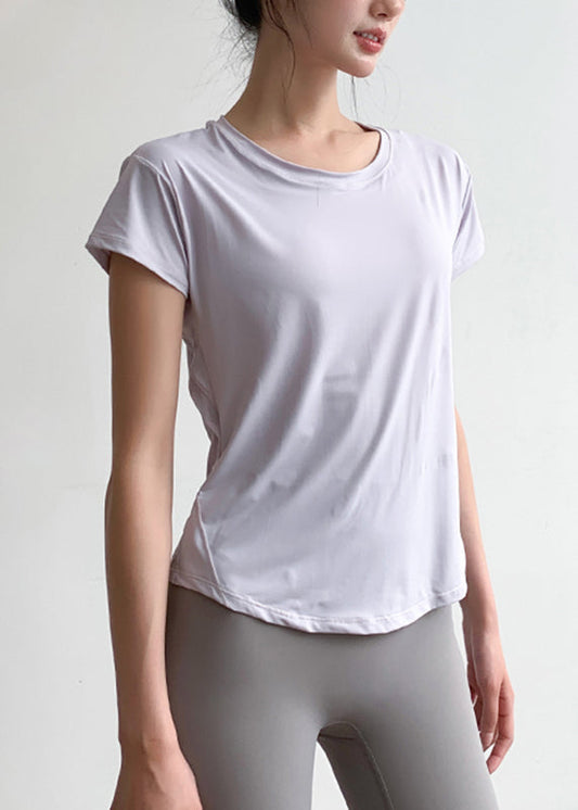 Chic Light Blue Tulle Patchwork Short Sleeve Yoga Top