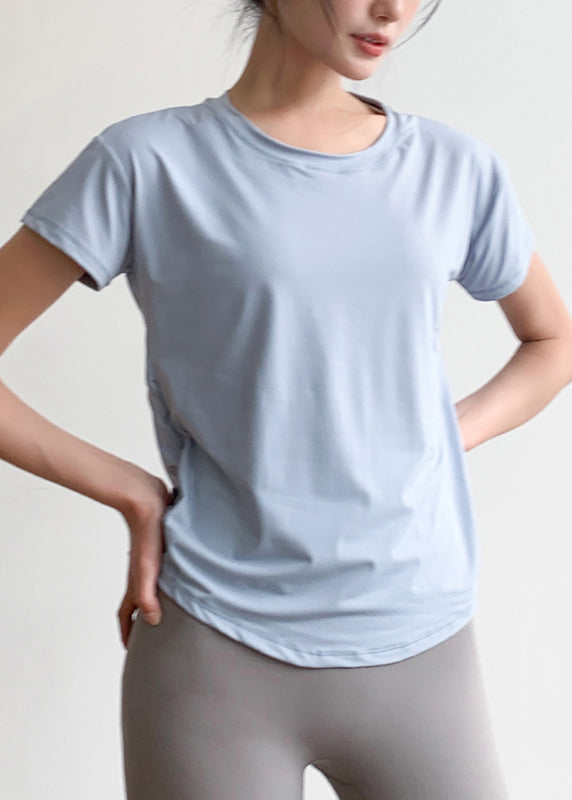 Chic Light Blue Tulle Patchwork Short Sleeve Yoga Top