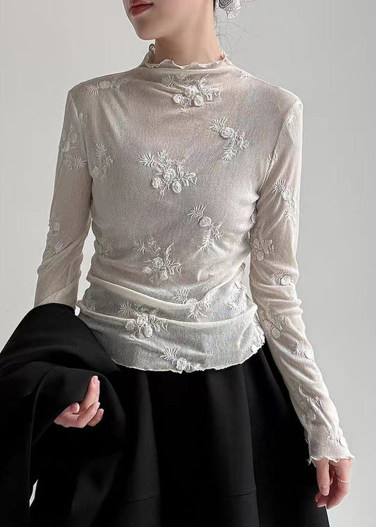 Chic Light Grey Embroidered Tulle T Shirt Spring