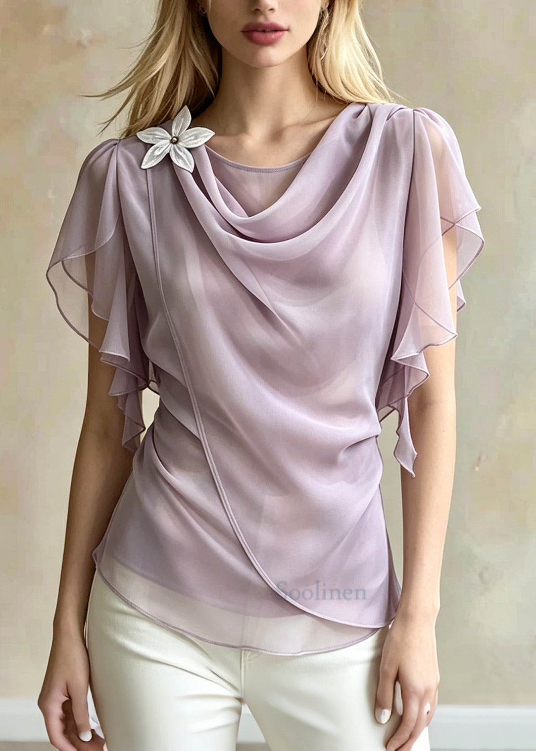 Chic Light Purple Asymmetrical Daisy Chiffon Shirt Summer
