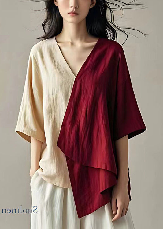 Chic Mulberry Asymmetrische Patchwork Leinen Shirts Sommer