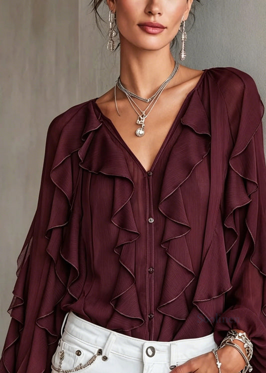 Chic Mulberry V Neck Ruffled Patchwork Chiffon Top Long Sleeve