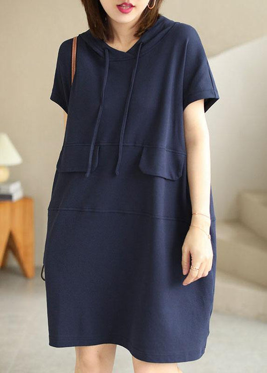 Chic Navy Hooded drawstring Patchwork Fall Short Sleeve Dress - SooLinen