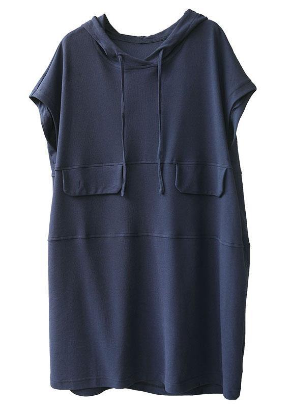 Chic Navy Hooded drawstring Patchwork Fall Short Sleeve Dress - SooLinen