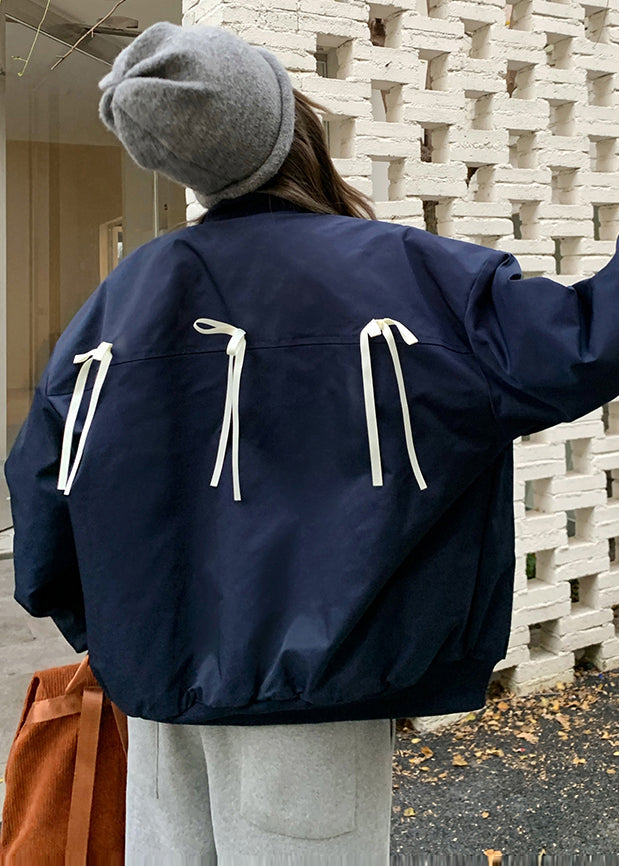 Chic Navy Oversized Bow Letter Print Fine Cotton Filled Jackets Winter