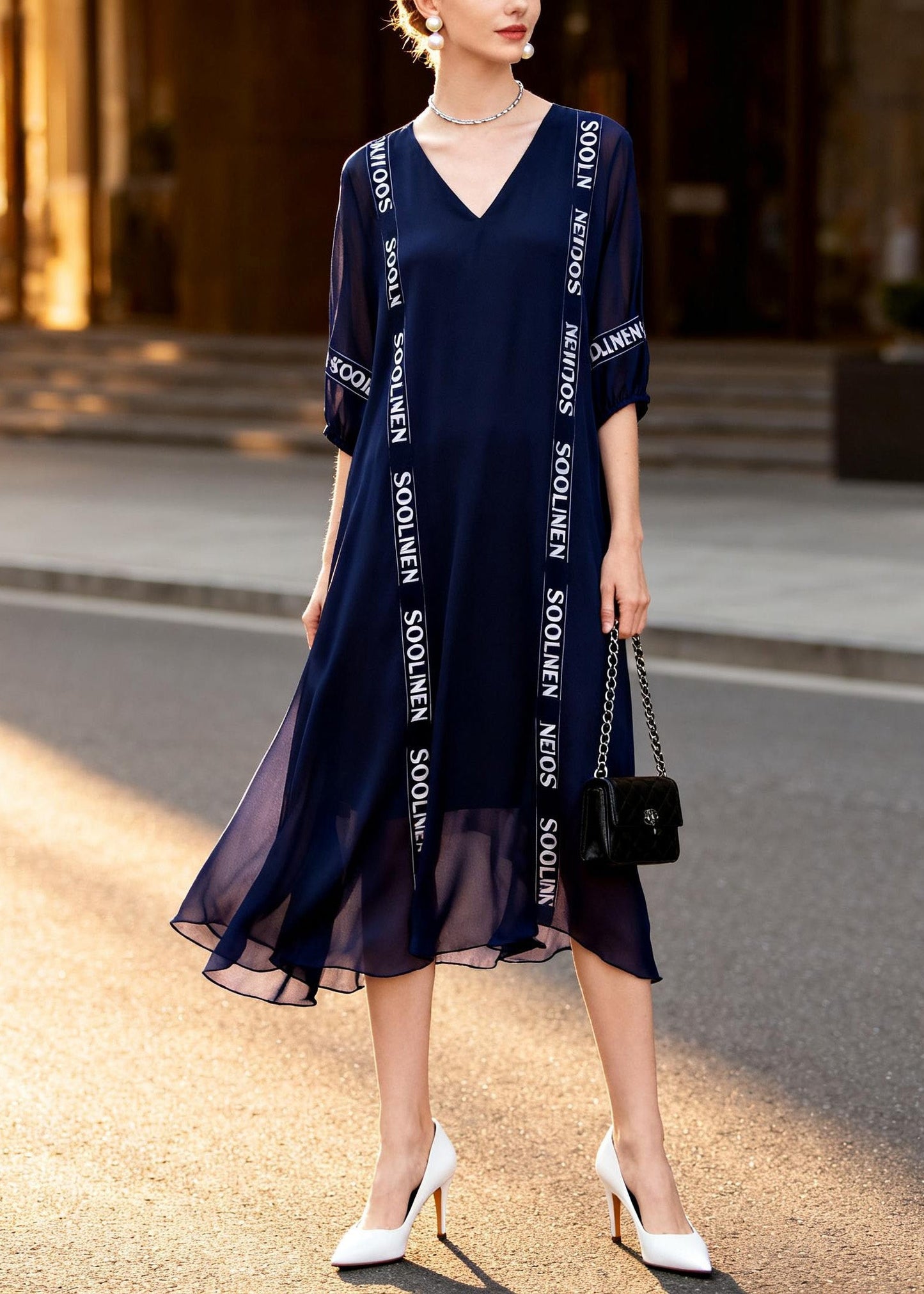 Chic Navy V Neck Print Chiffon Dress Summer