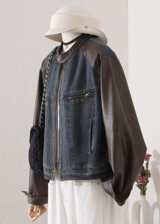 Chic O Neck Pockets Faux Leather Patchwork Denim Coat Spring