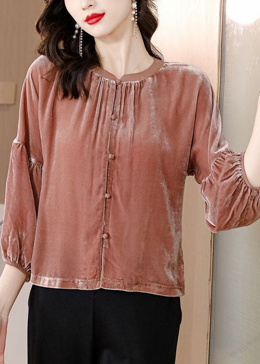 Chic Orange O-Ausschnitt Patchwork Seide Velour Shirts Armband Ärmel