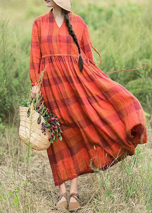 Chic Orange Plaid Clothes O Neck Drawstring Spring Dress - SooLinen