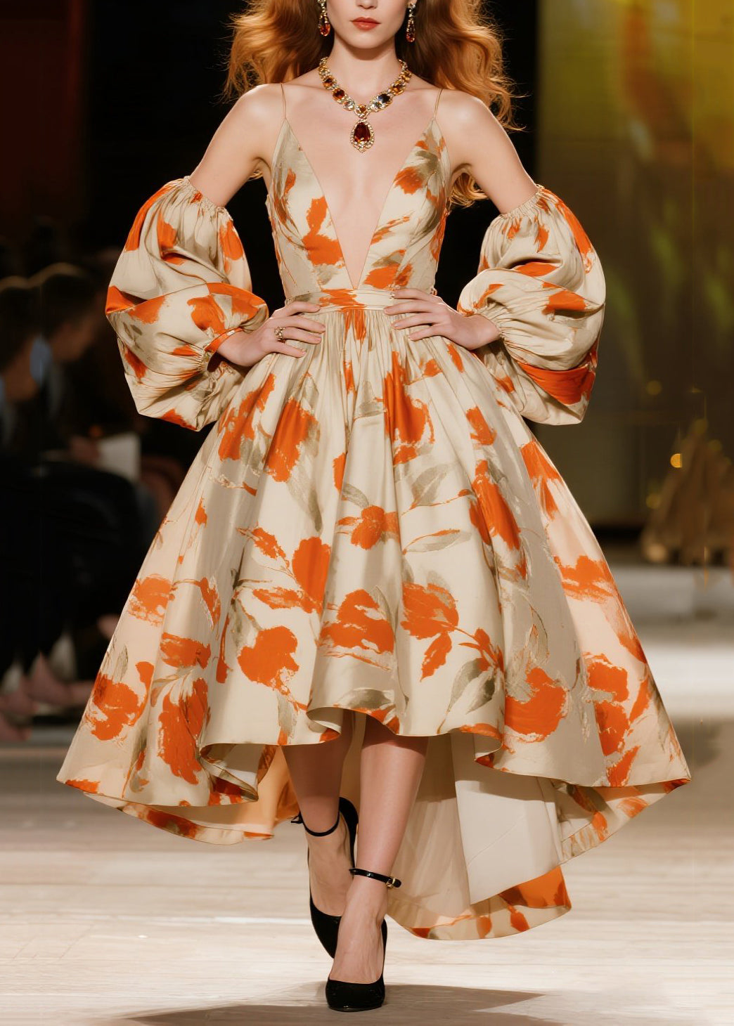 Vestidos elegantes con estampado naranja y dobladillo extra grande y mangas farol