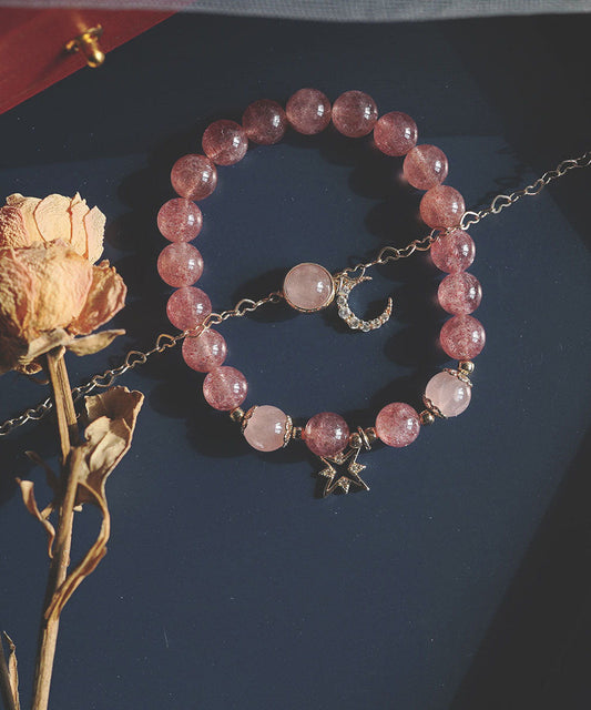 Schickes rosa 14 Karat Gold Erdbeere Kristall Zirkon Stern Mond Armband