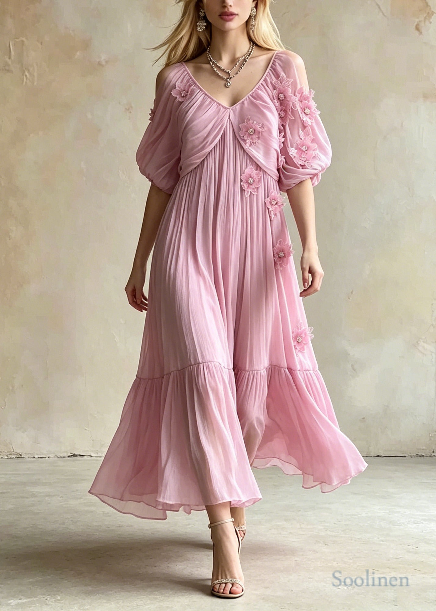 Chic Pink Embroidered Floral Chiffon Ankle Dress Summer