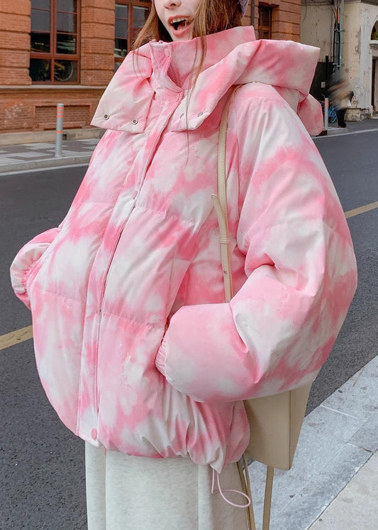 Chic Pink Hooded Tie Dye Fine Cotton Filled Jackets Winter