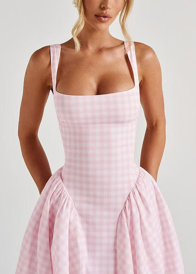Chic Pink Plaid Wrinkled Cotton Cami Dresses Summer