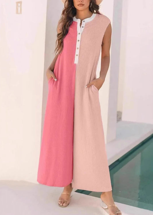 Chic Pink Pockets Patchwork Cotton Jumpsuit Sleeveless