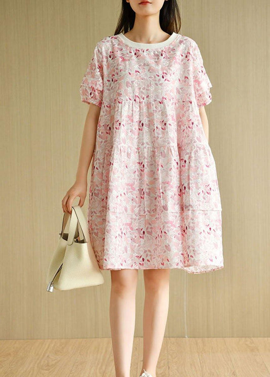 Chic Pink Puff Sleeve Print Summer Cotton Dresses - SooLinen