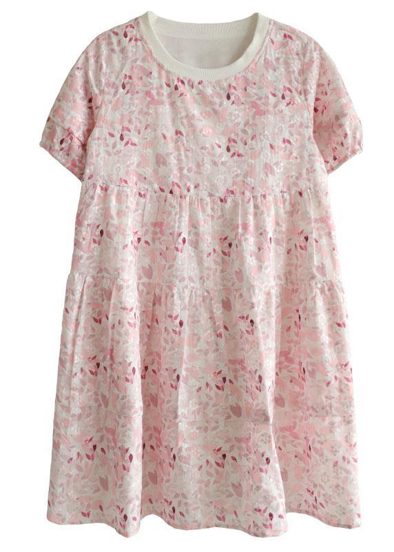 Chic Pink Puff Sleeve Print Summer Cotton Dresses - SooLinen