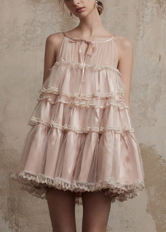Chic Pink Ruffled Patchwork Tulle Mini Dresses Summer