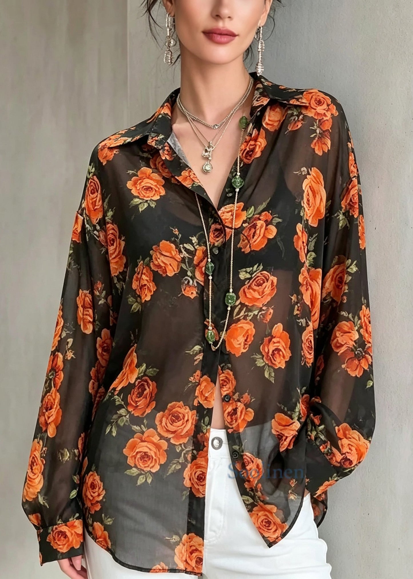 Chic Print Chiffon UPF 50+ Blouse Tops Long Sleeve
