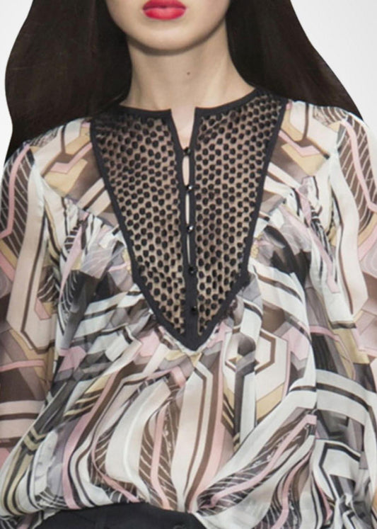 Chic Print Draping Chiffon Shirt Top Lantern Sleeve