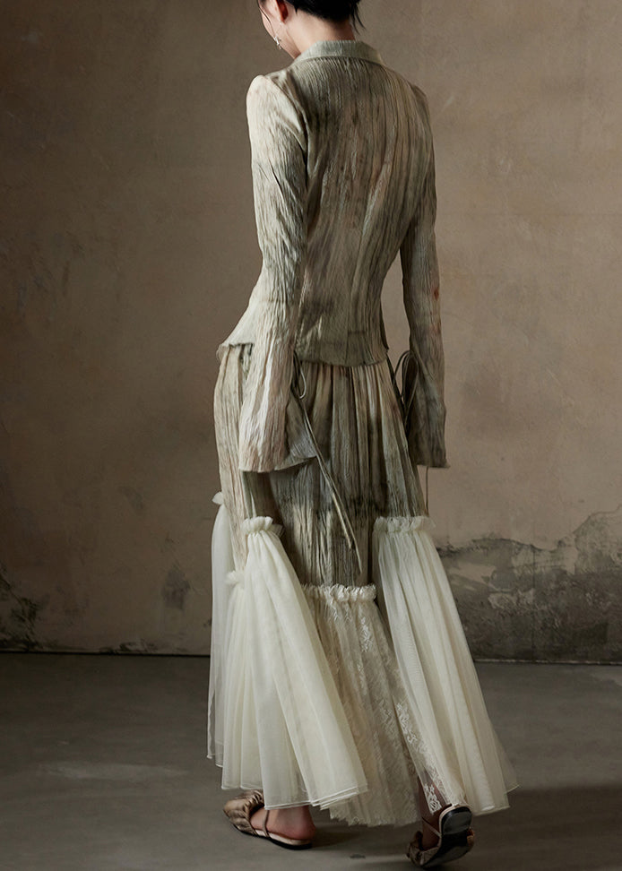 Conjunto de dos piezas de camisa y falda de algodón con patchwork de tul y estampado chic para primavera