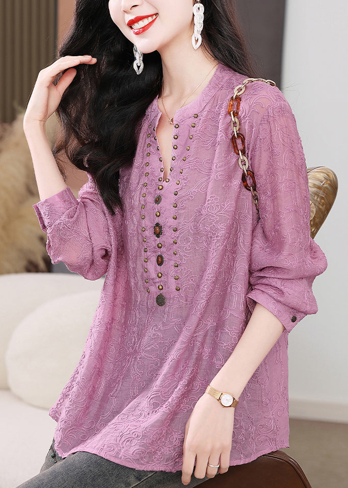 Chic Purple Embroidered Nail Bead Cotton Shirts Long Sleeve
