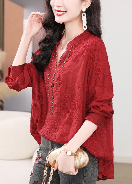 Chic Purple Embroidered Nail Bead Cotton Shirts Long Sleeve