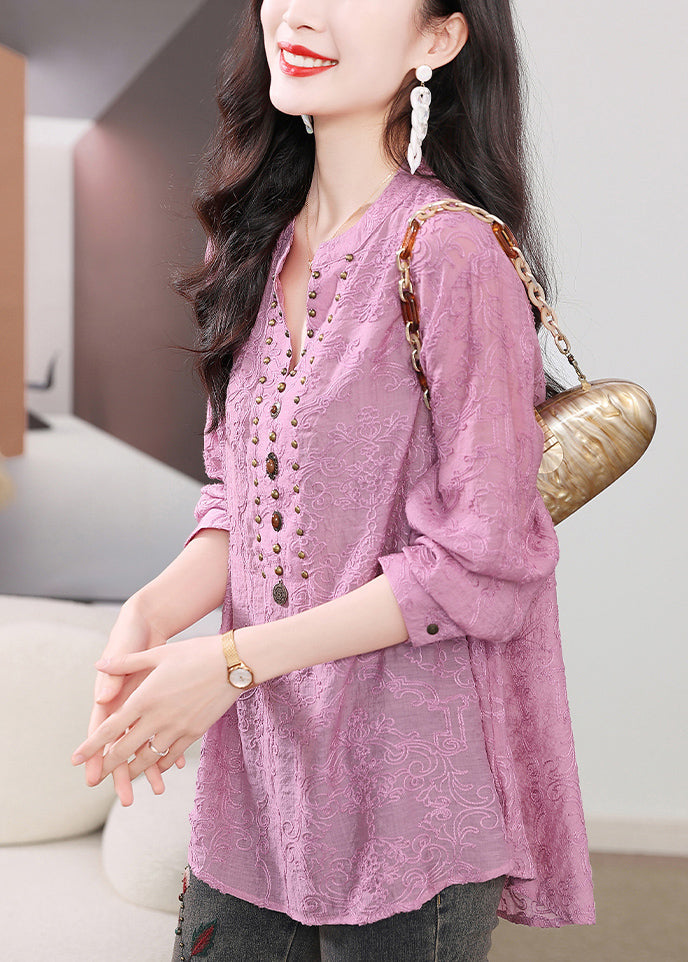 Chic Purple Embroidered Nail Bead Cotton Shirts Long Sleeve