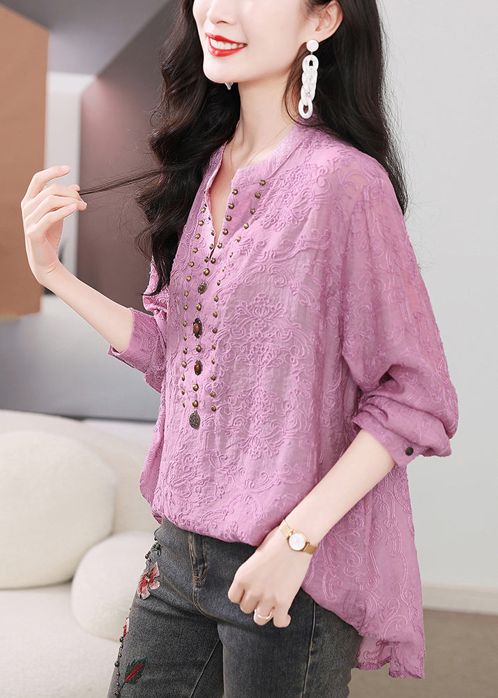 Chic Purple Embroidered Nail Bead Cotton Shirts Long Sleeve