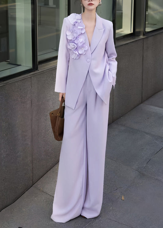 Chic Purple Floral Button Coat And Pants Two Pieces Set Fall