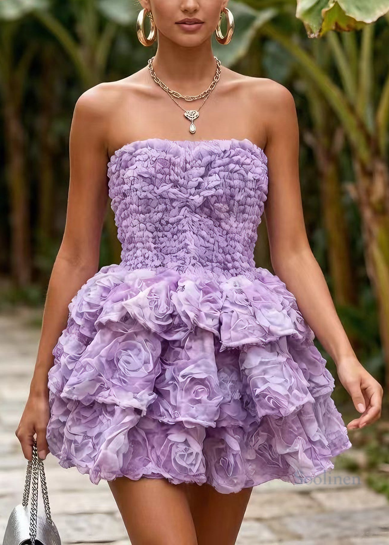Chic Purple Floral Patchwork Tulle Mini Strapless Dress