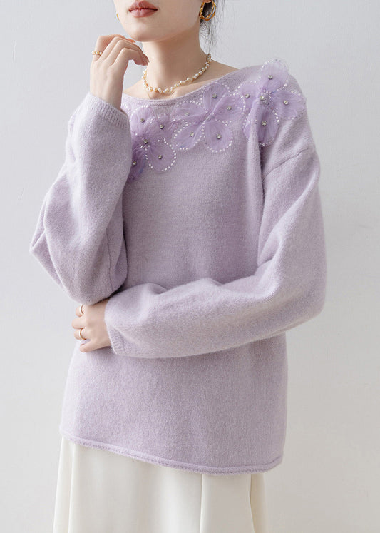 Chic Purple O Neck Floral Sequins Zircon Knit Top Spring