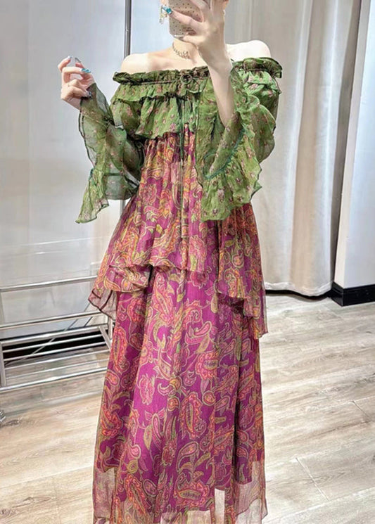 Chic Purple Print Chiffon Top And Maxi Skirts Two Pieces Set Fall