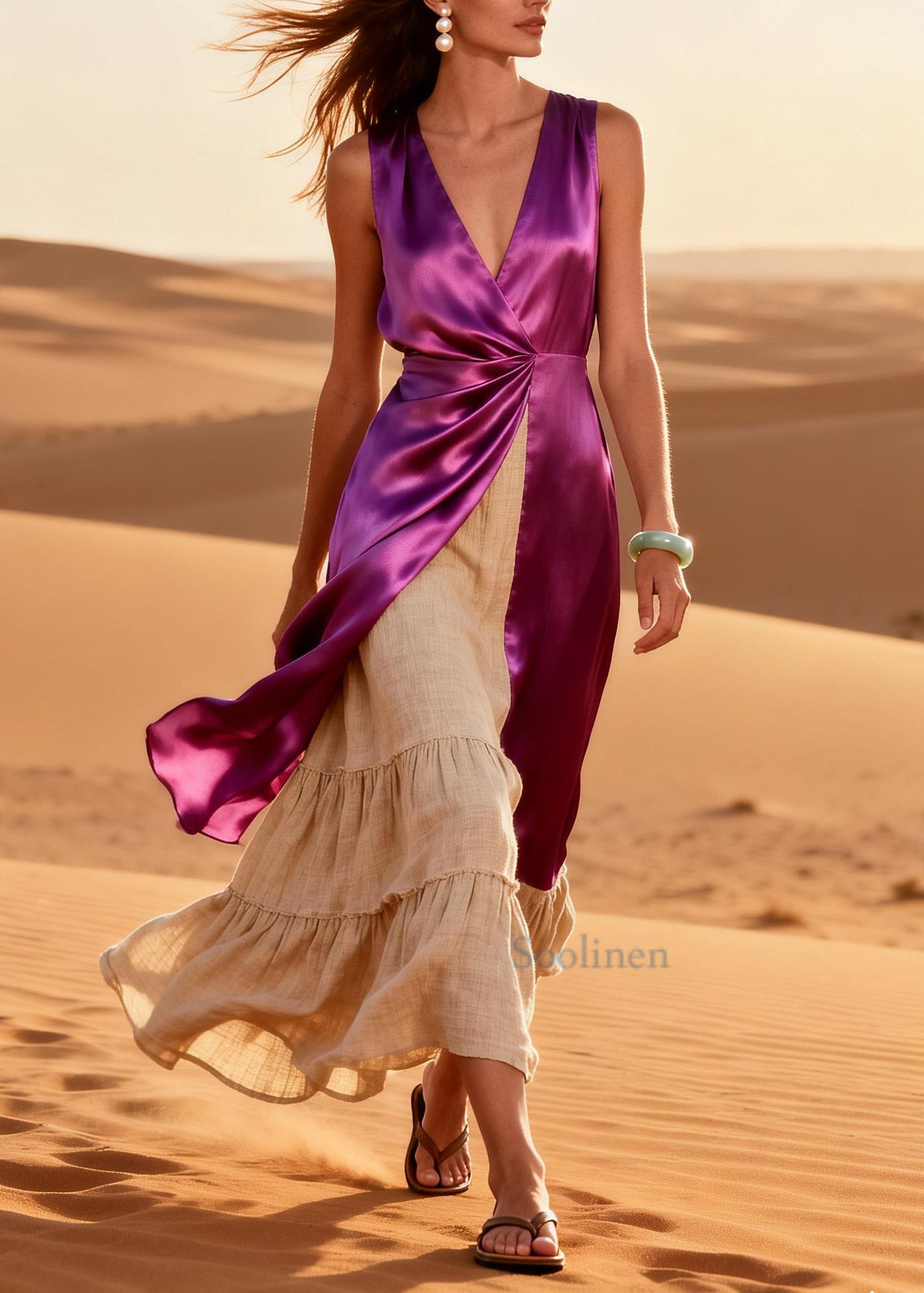 Chic Purple Side Open Patchwork Linen Silk Ankle Dress Summer