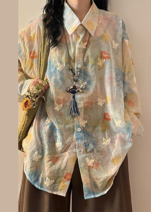 Chic Rainbow Peter Pan Collar Butterfly Button Cotton Shirts Spring