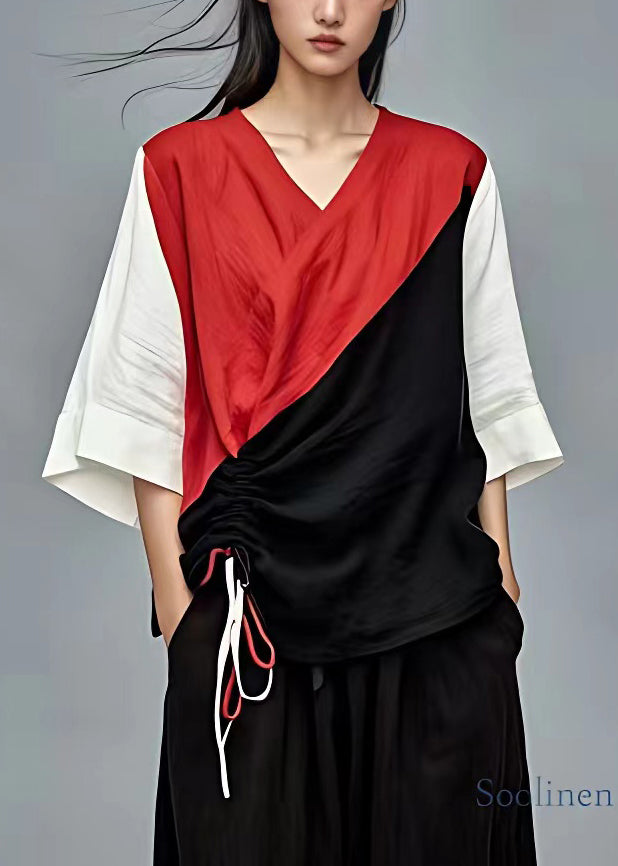 Schickes rotes Patchwork-T-Shirt aus Baumwolle mit Schnürung und Armbandärmeln