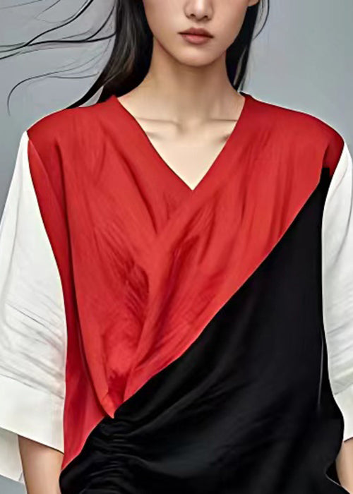 Schickes rotes Patchwork-T-Shirt aus Baumwolle mit Schnürung und Armbandärmeln