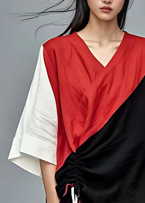 Schickes rotes Patchwork-T-Shirt aus Baumwolle mit Schnürung und Armbandärmeln