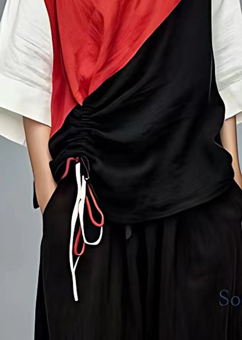Schickes rotes Patchwork-T-Shirt aus Baumwolle mit Schnürung und Armbandärmeln