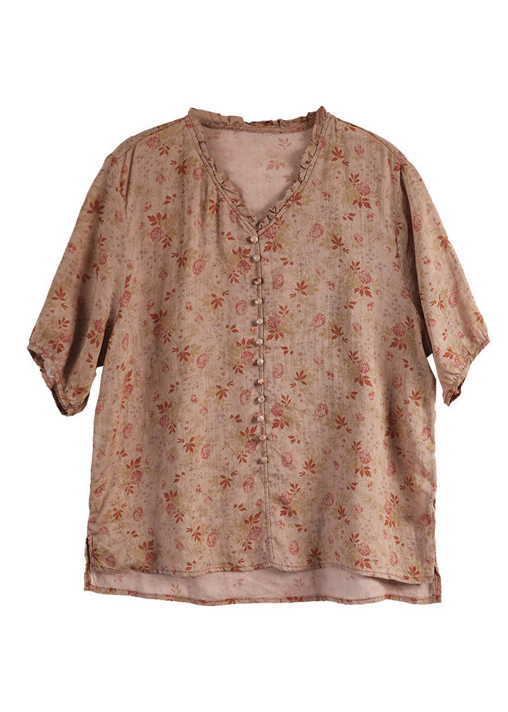 Blusa elegante de lino con cuello en V rojo y botones, manga corta