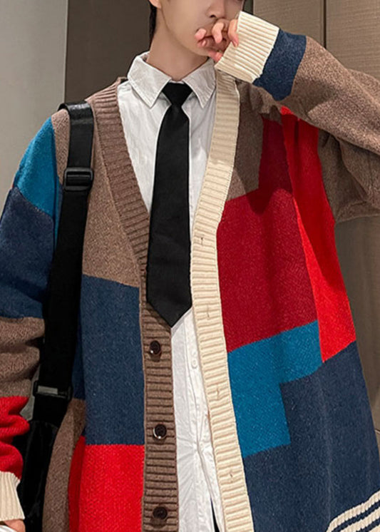 Chic Red V Neck Button Patchwork Knit Mens Coats Spring