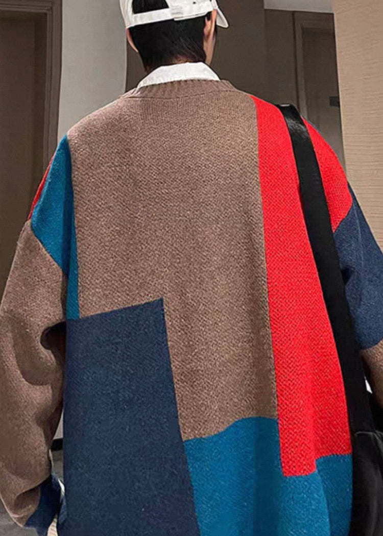 Chic Red V Neck Button Patchwork Knit Mens Coats Spring
