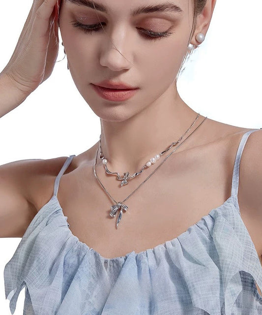 Chic Silk Alloy Pearl Bow Pendant Necklace Two-Piece Set