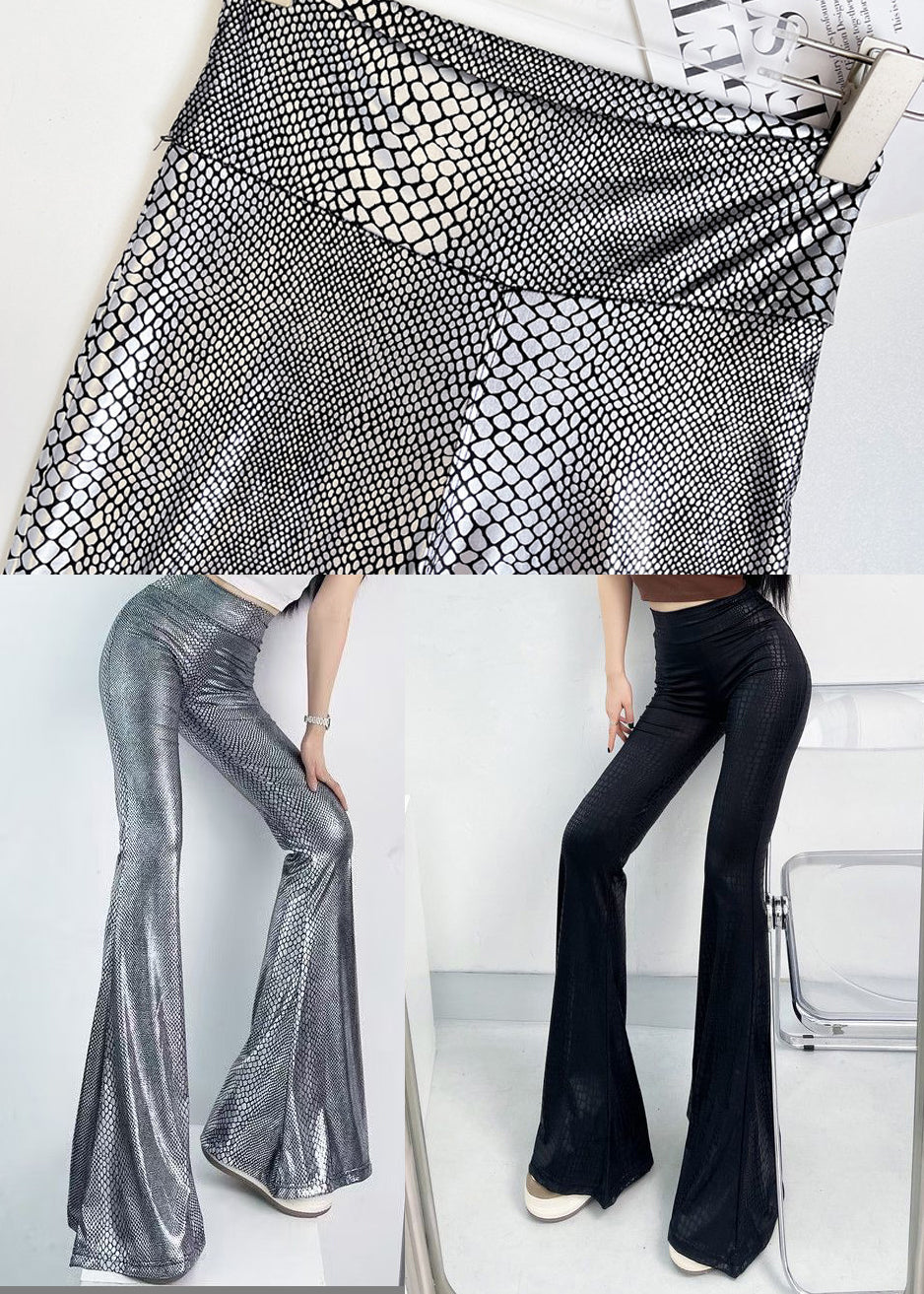 Chic Silvery Snakeskin Pattern Tummy Control Flared Trousers Fall